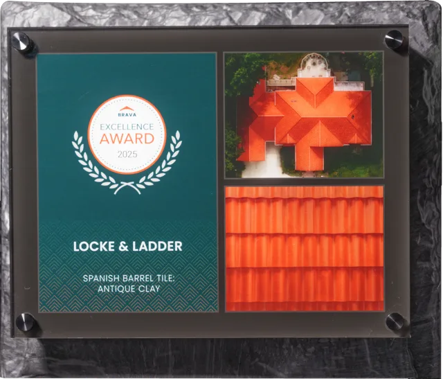 Locke & Ladder's 2025 Brava Excellence Award plaque for Spanish barrel tile in Antique Clay