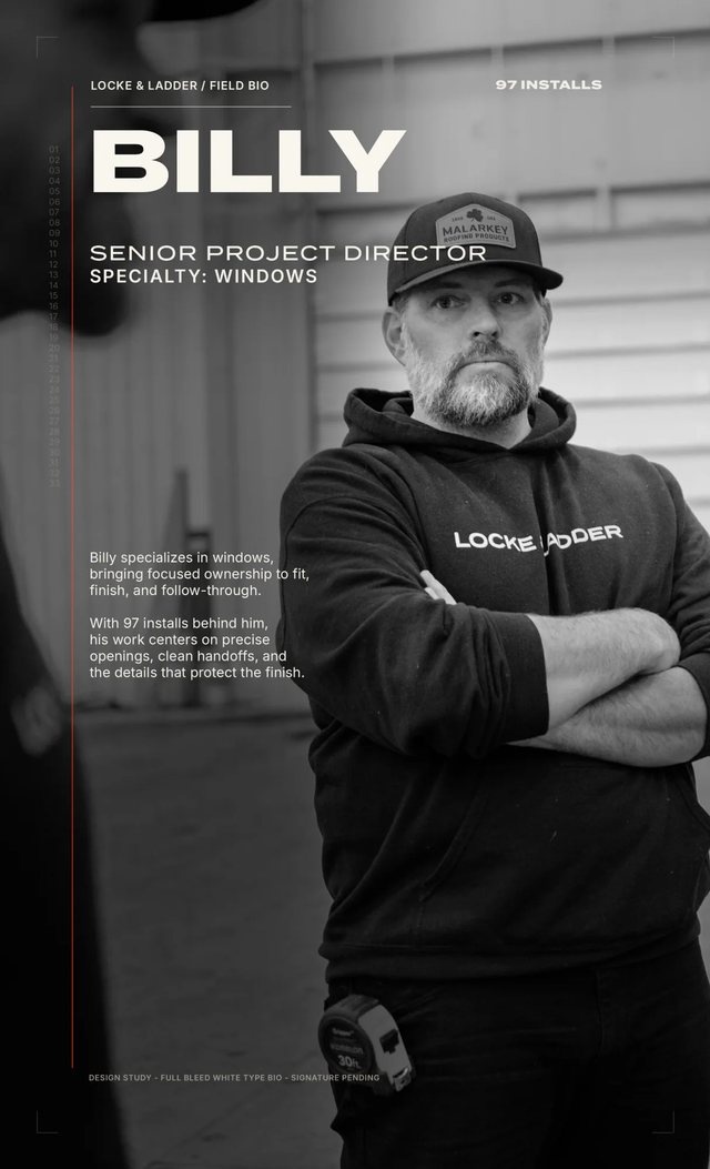 Locke & Ladder field bio card for Billy, Senior Project Director specializing in windows