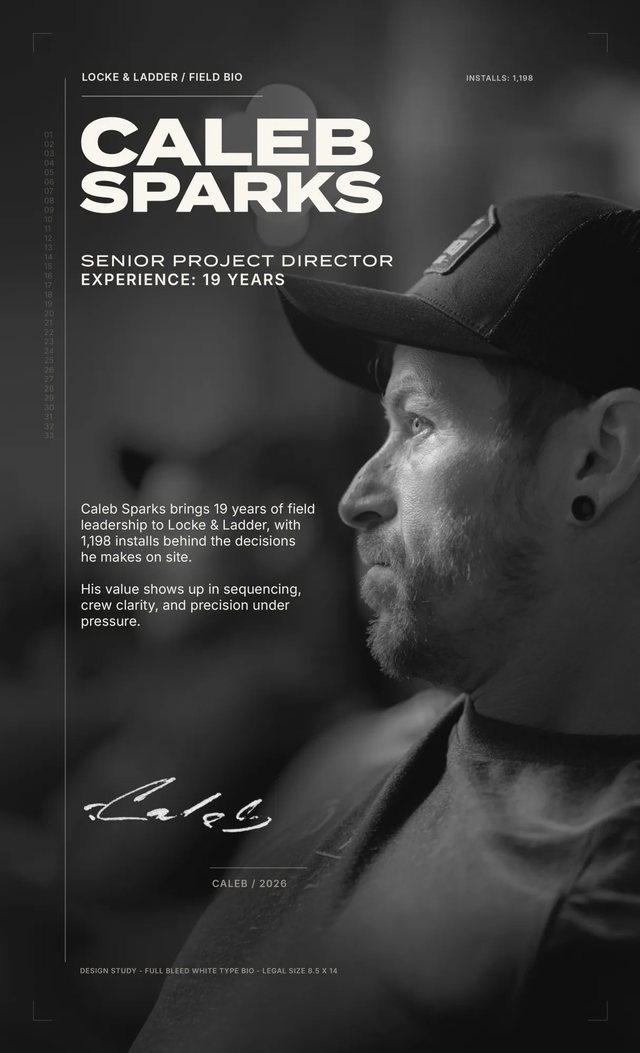 Locke & Ladder field bio card for Caleb Sparks, Senior Project Director with 19 years of experience