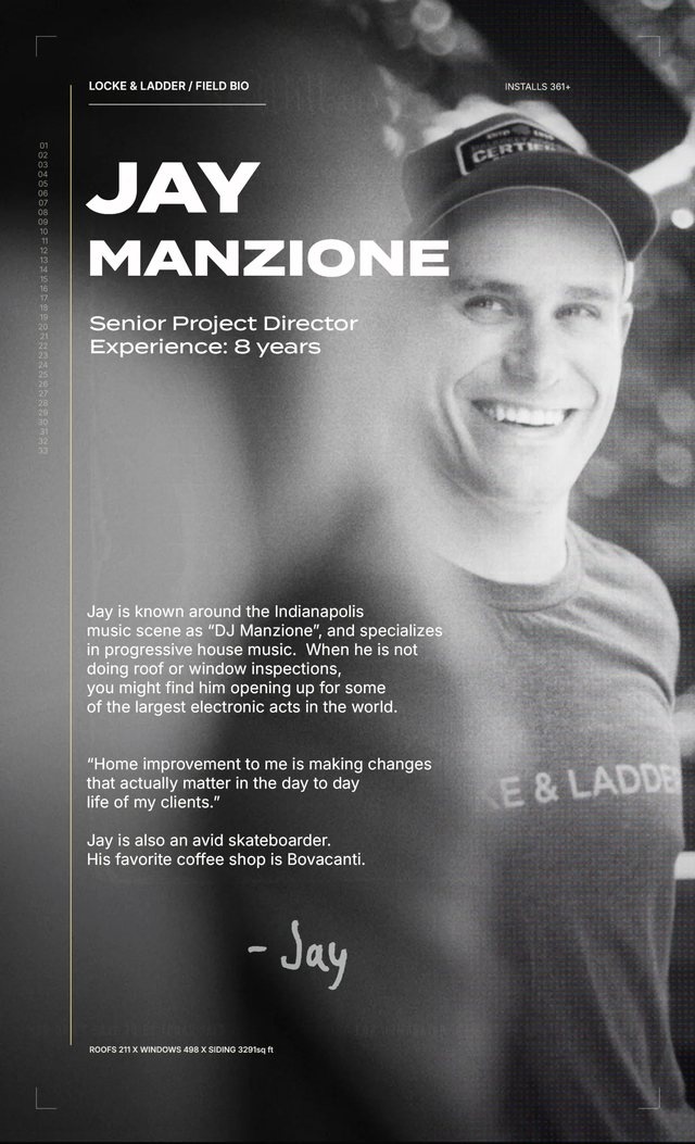 Locke & Ladder field bio card for Jay Manzione, Senior Project Director with 8 years of experience