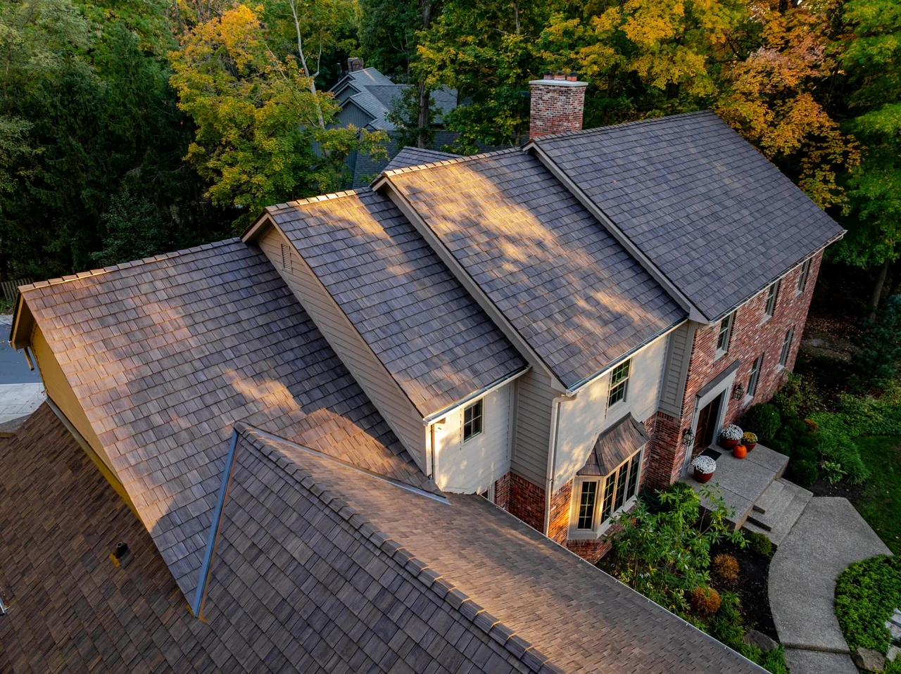 Completed composite cedar roof on a Carmel home by Locke & Ladder