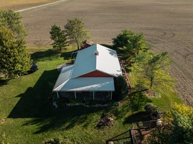 Aerial of a standing-seam metal roof on a barn-style building in Frankfort, Indiana by Locke & Ladder