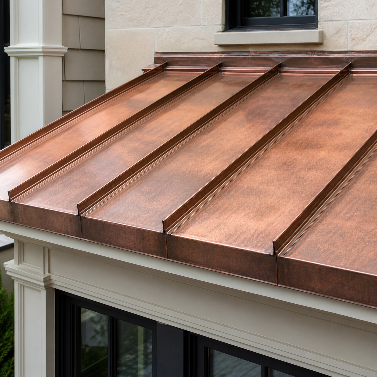 Representative copper standing-seam roof with formed pans, raised folded seams, and wall flashing