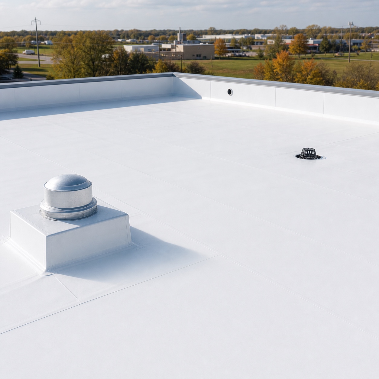 Representative white low-slope membrane roof with welded seams, curb flashing, parapets, and drains