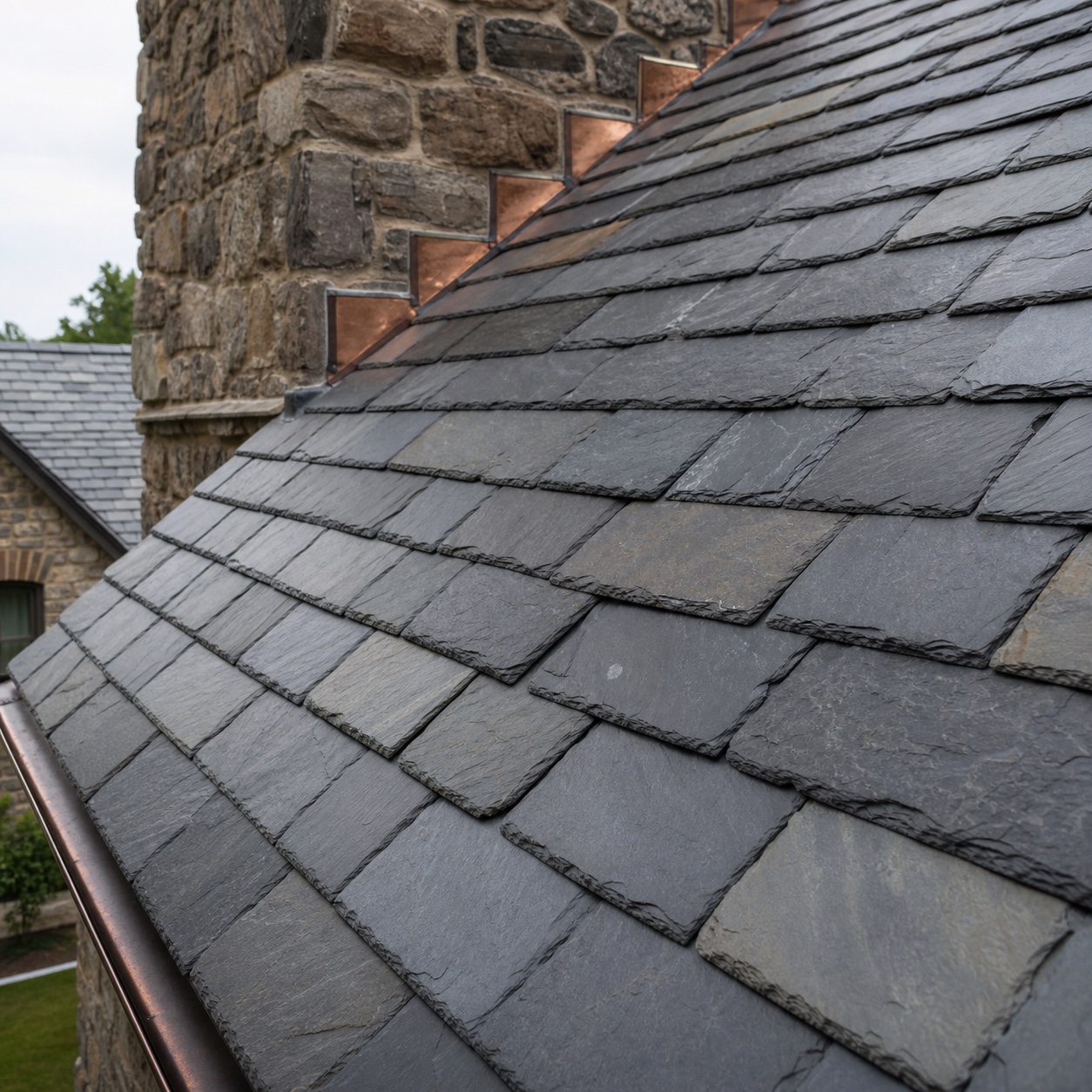 Representative authentic natural slate roof showing varied hand-split stone edges and copper flashing