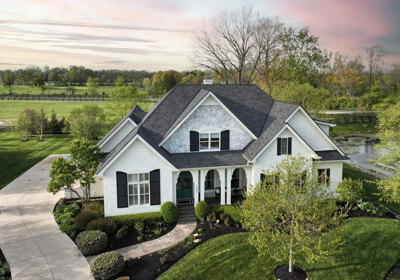 Aerial view of a lakeside home exterior