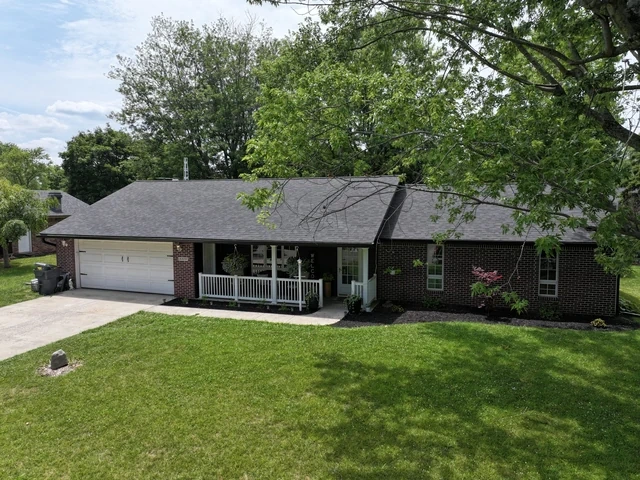 Aerial view of a completed roof and gutter project in Muncie, Indiana