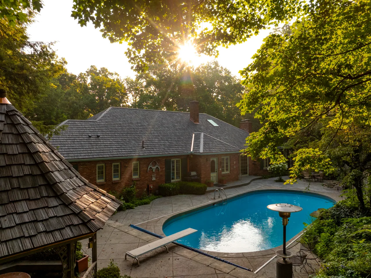 Cedar roof and gazebo beside the pool in Bloomington, Indiana