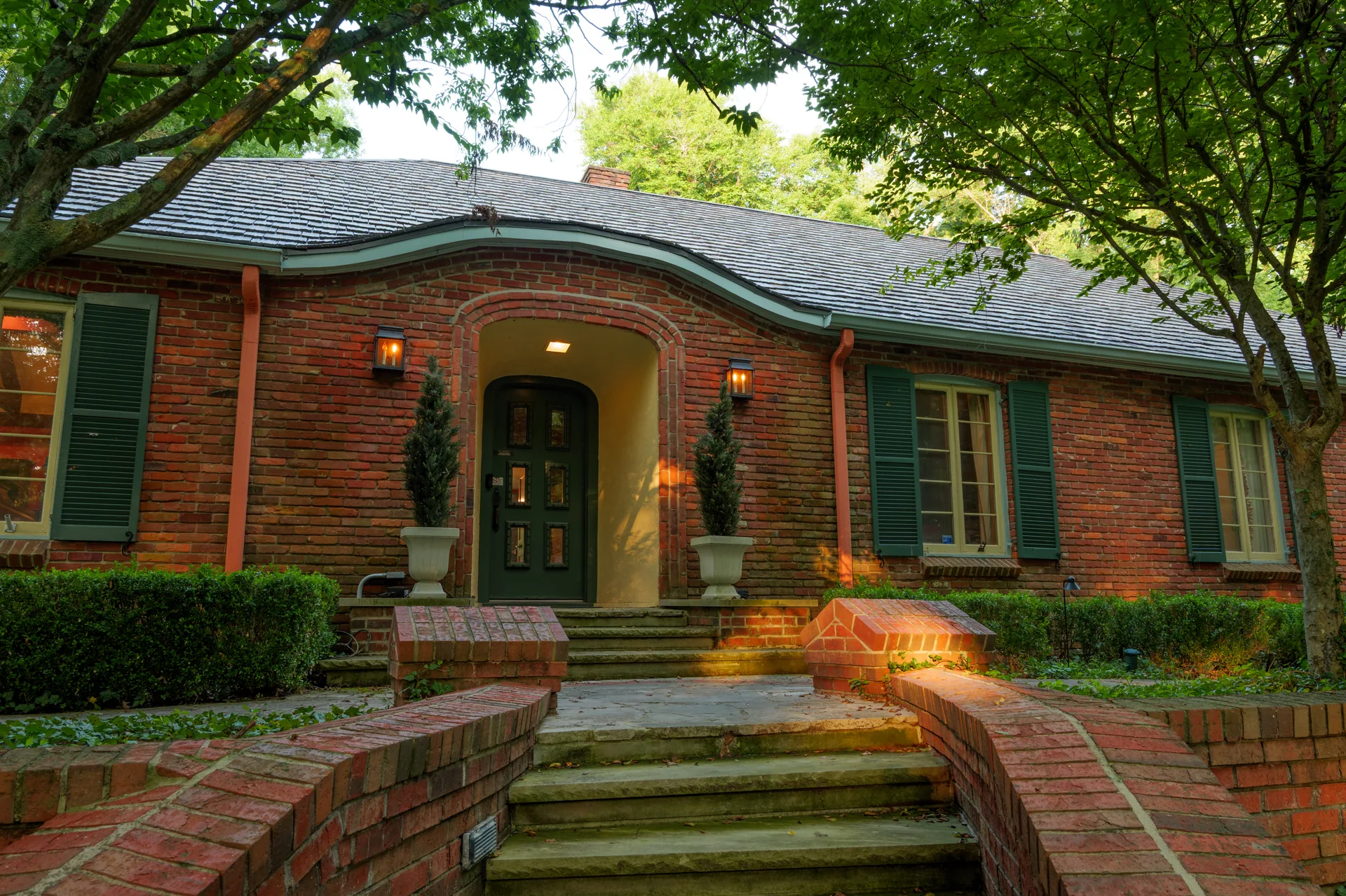 Front entrance beneath the cedar roof in Bloomington, Indiana