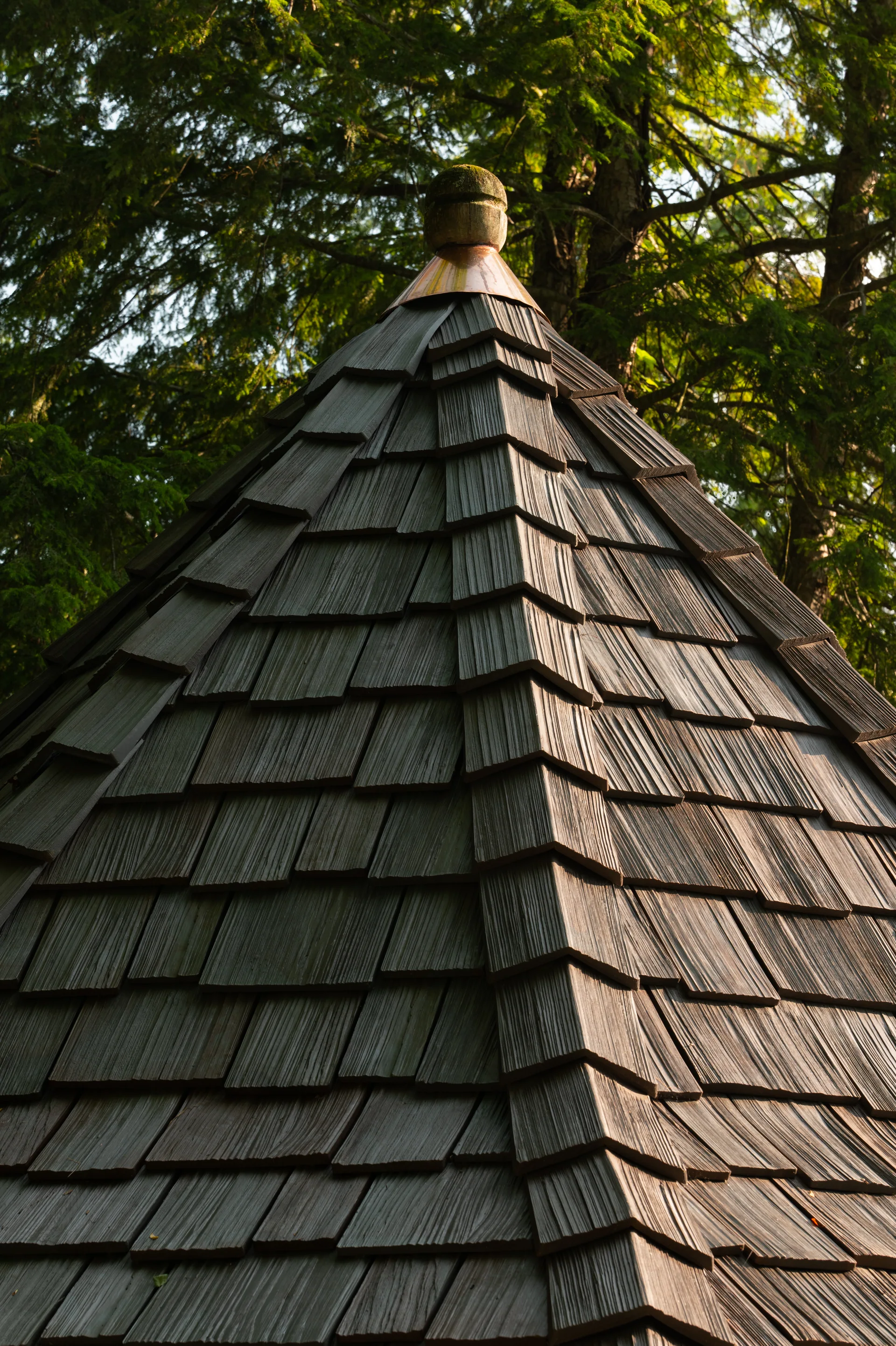 Close view of staggered cedar shake on the gazebo in Bloomington, Indiana