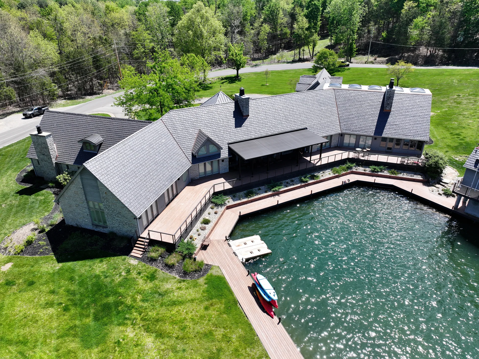 Aerial view of the lake-facing roof and deck in Columbus, Indiana