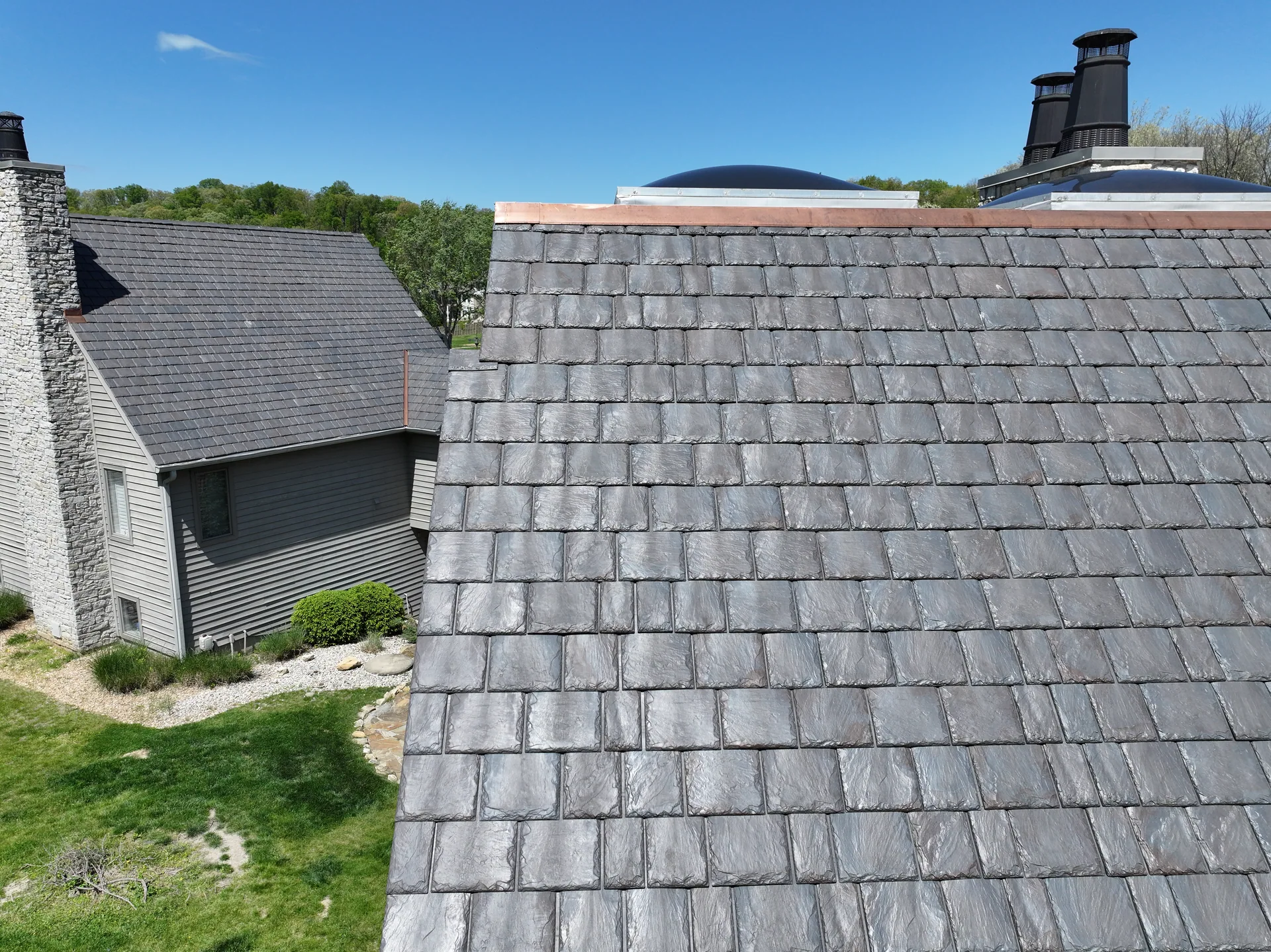 Close view of the slate courses and ridge in Columbus, Indiana