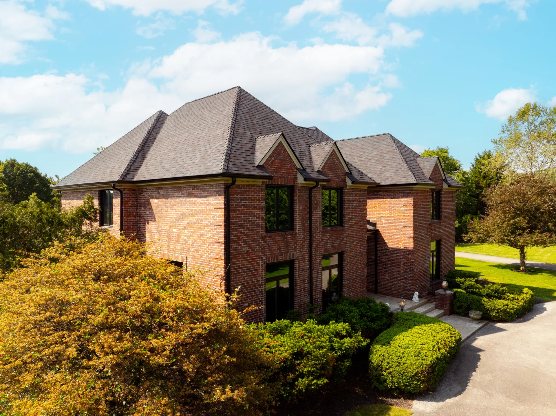 Front rooflines and black windows in Carmel, Indiana