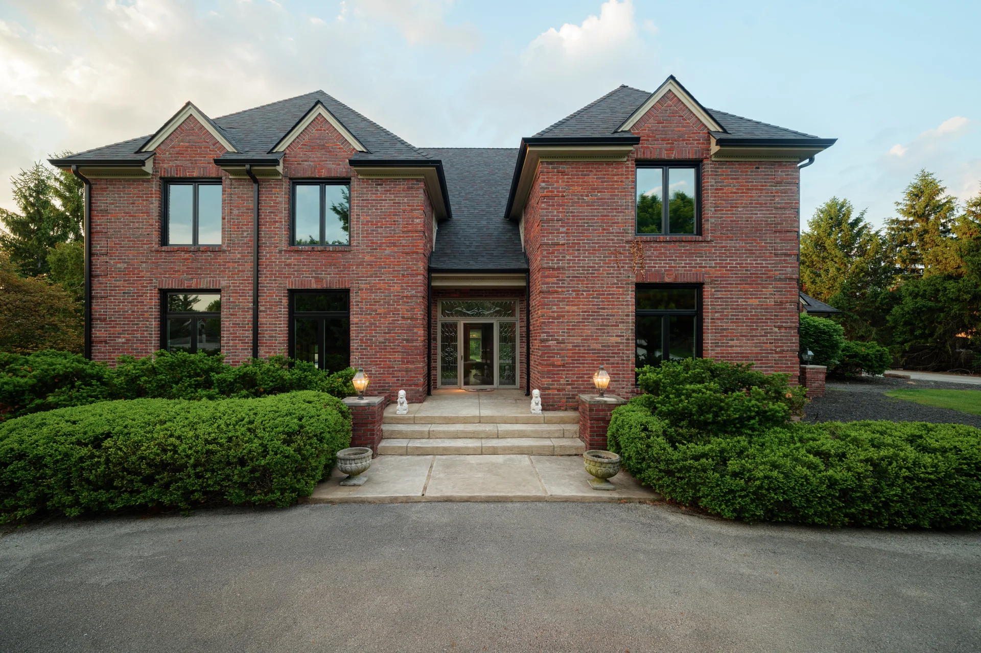Front elevation with black windows and entry in Carmel, Indiana