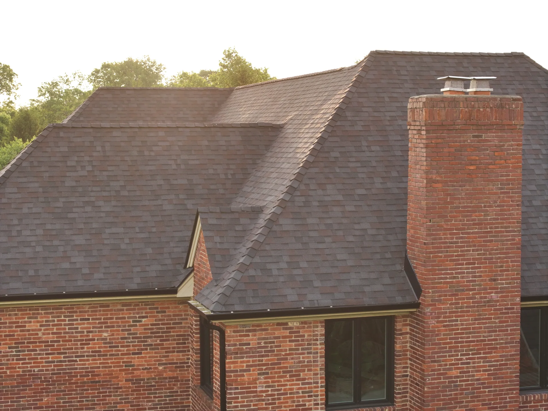 Asphalt shingles across the roof gables in Carmel, Indiana