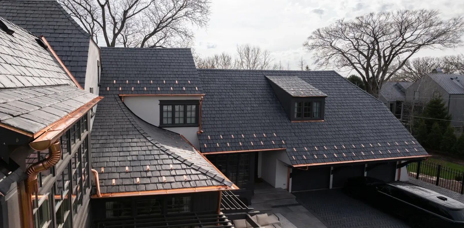 Aerial view of the garage roof and driveway, Hinsdale Brava project by Locke & Ladder