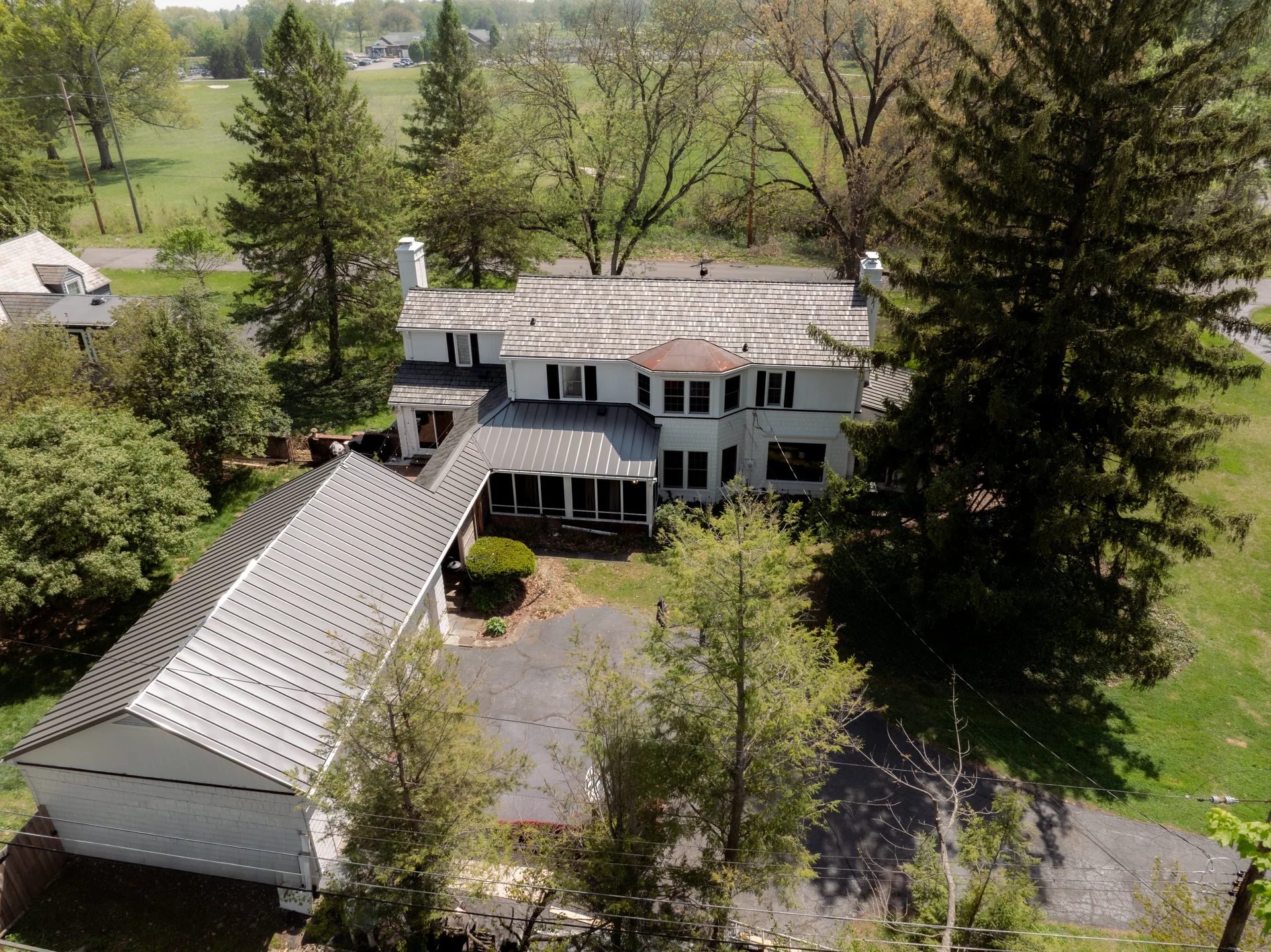 Aerial view of the house and standing-seam garage roof in Indianapolis, Indiana