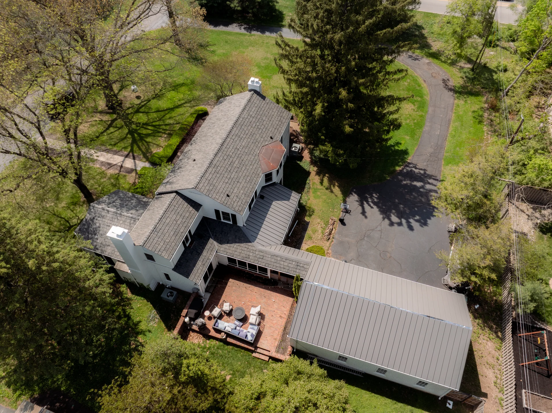 Overhead view of the cedar and metal roof sections in Indianapolis, Indiana