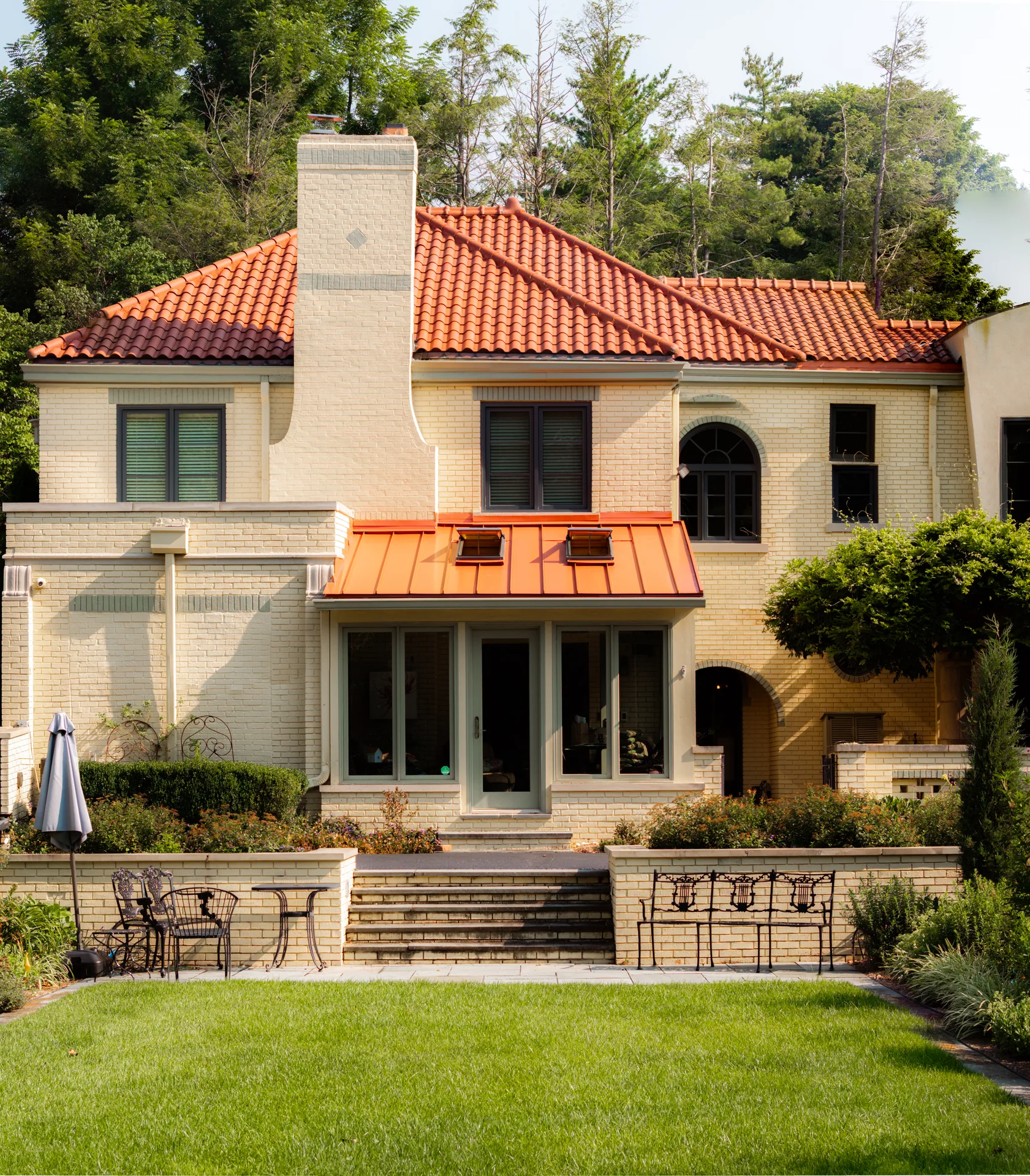 Porch roof and garden viewed from the lawn in Meridian Hills, Indiana