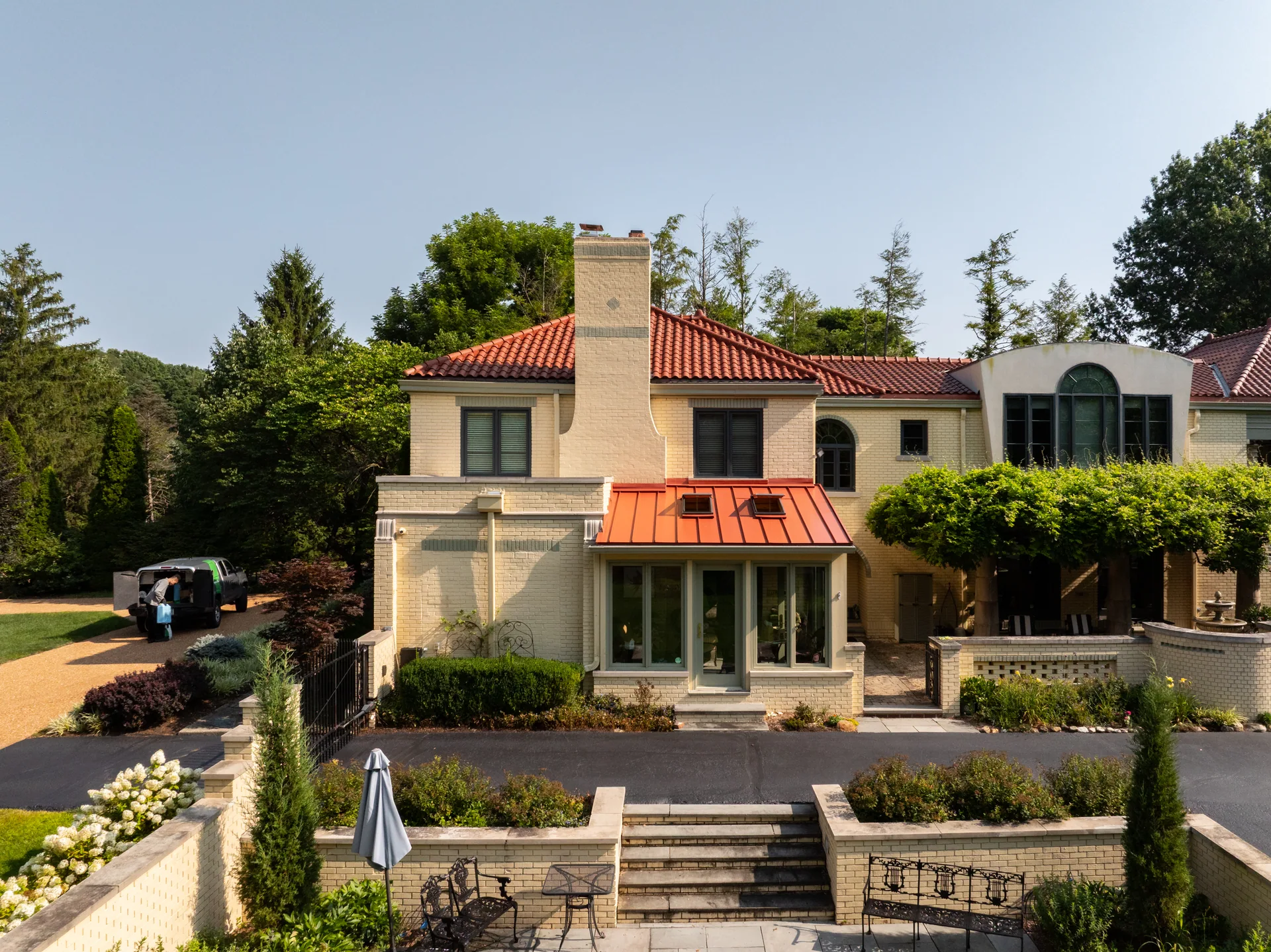 Porch roof overlooking the garden terraces in Meridian Hills, Indiana