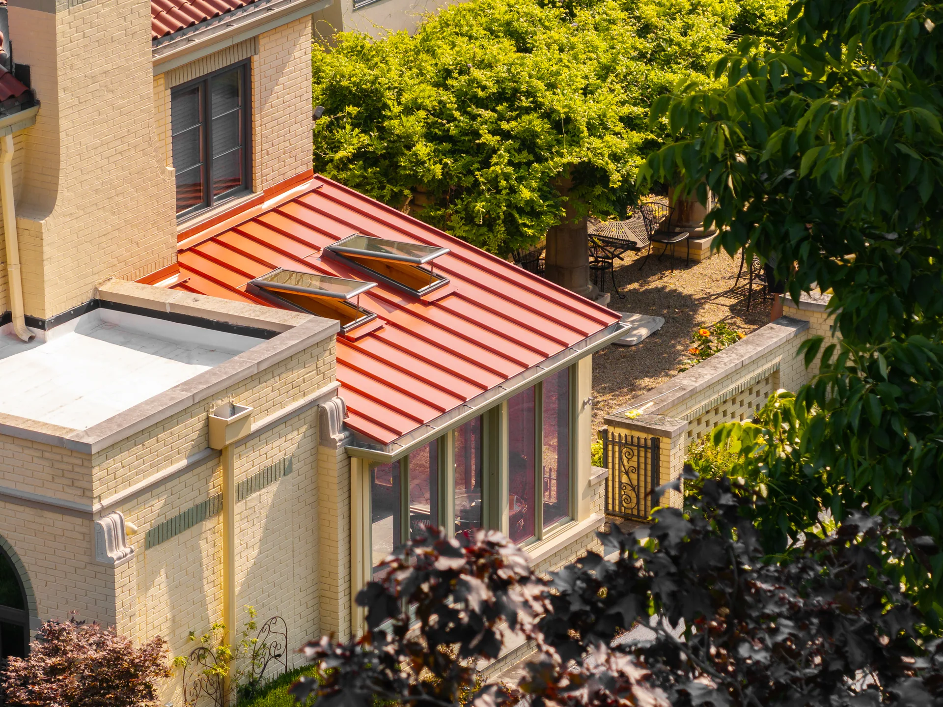 Porch roof and skylights from above in Meridian Hills, Indiana