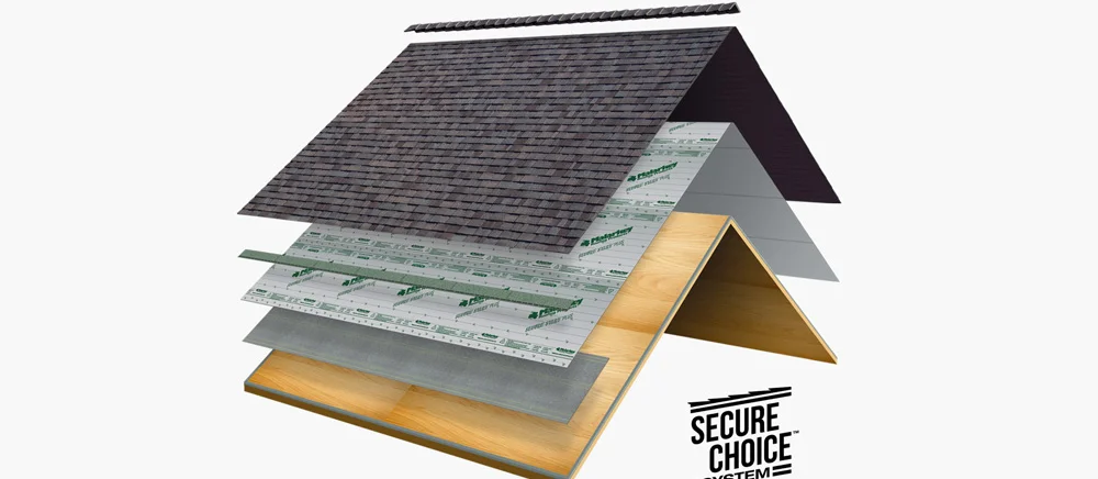 Exploded illustration of a complete polymer-modified roof system, from decking through ridge cap